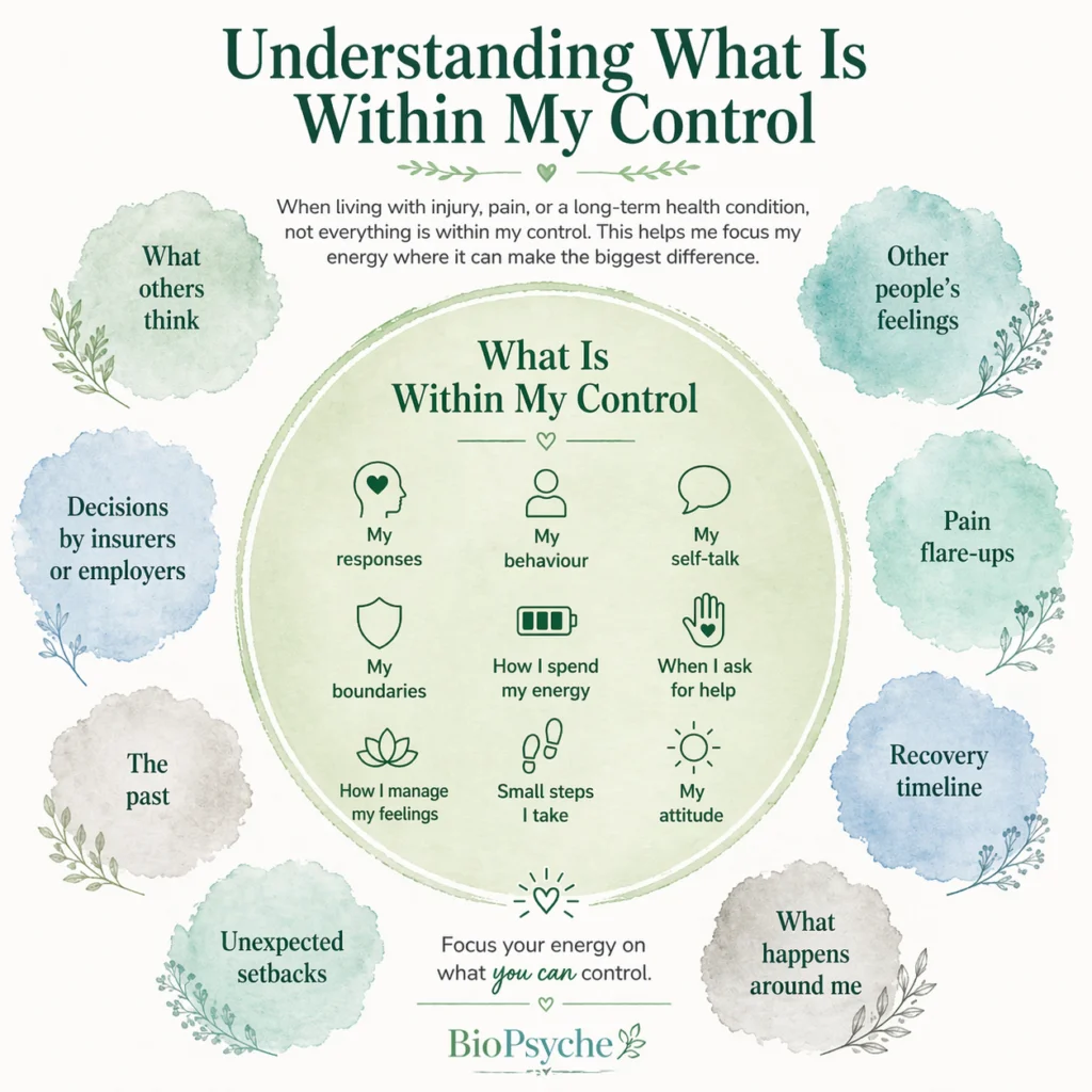 Diagram: what is within my control — my responses, behaviour, self-talk, boundaries, how I spend my energy, when I ask for help, how I manage my feelings, small steps and my attitude — surrounded by what is not: other people's thoughts and feelings, pain flare-ups, recovery timeline, insurer and employer decisions, unexpected setbacks and the past.